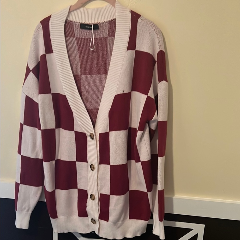 Stylish Burgundy and White Checkered Sweater